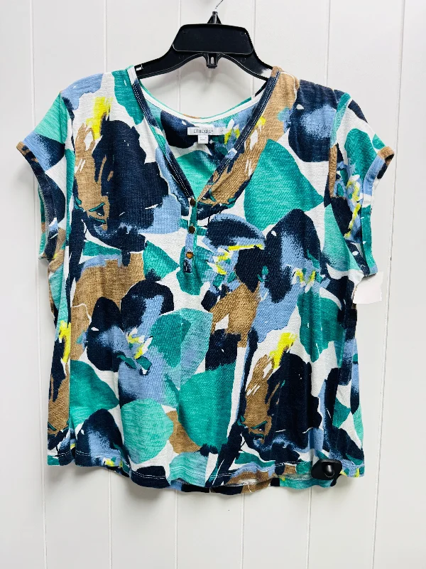 Top Short Sleeve By Chicos In Blue & Green, Size: Xl Adventure
