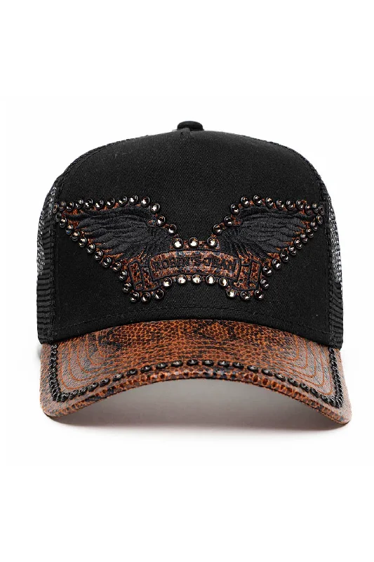 BLK/BROWN PYTHON TRUCKER HAT WITH SMOKY TOPAZ EMBELLISHMENT Earthy Men's Hemp