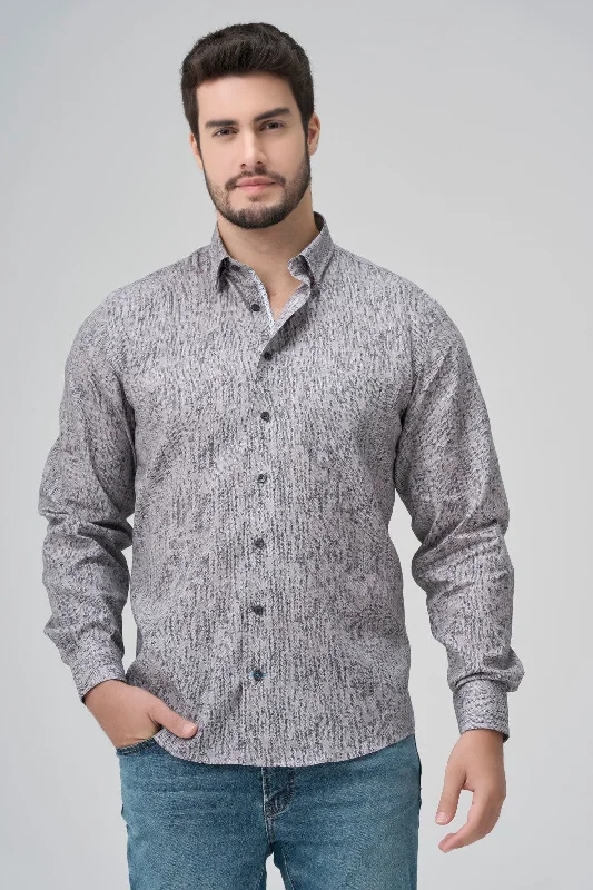 Grey Geometric Print Cotton Sport Shirt with Hidden Button Down Collar by Leo Chevalier Dynamic Men's High
