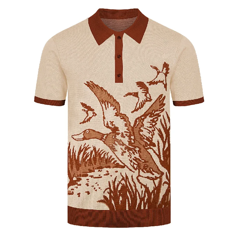 Men's coffee color vintage pattern knitted polo shirt Tailored
