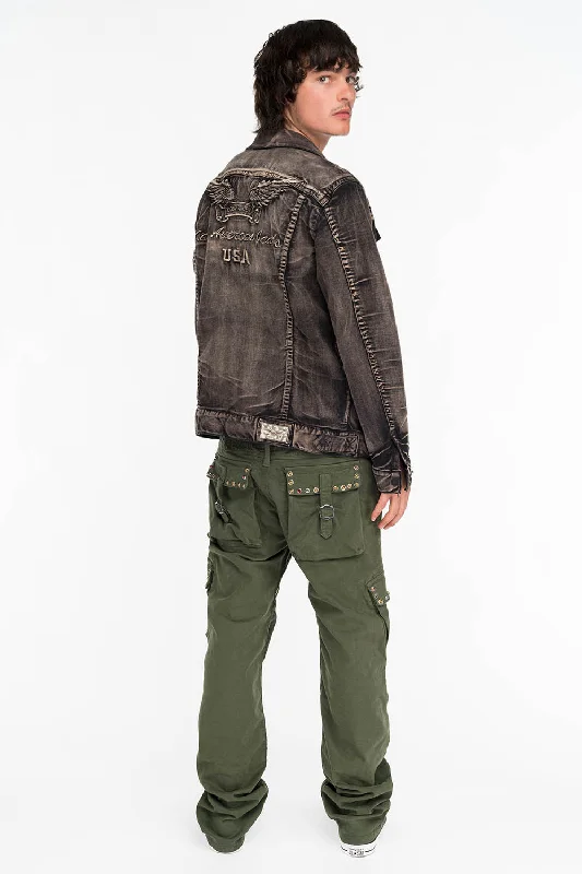 ROBINS NEW MILITARY STYLE CARGO PANTS IN GREEN ARMY WITH STUDS AND CRYSTALS Youthful Men's Pop