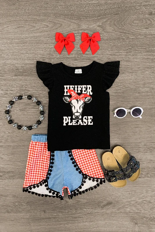 "Heifer Please" Black & Red Gingham Short Set Streetwear Style