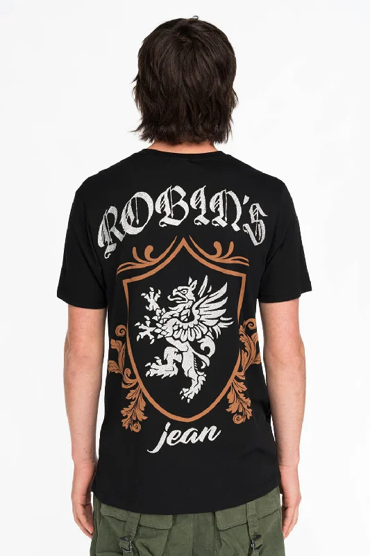 ROBINS SILVER GLITTER EAGLE CREST TEE IN BLACK Dynamic Men's Glow