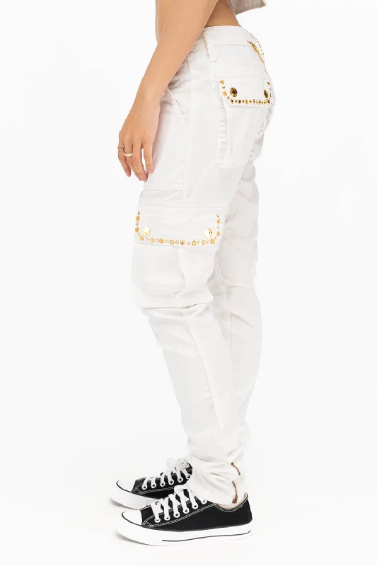 NEW MILITARY STYLE WOMENS SKINNY EMBELLISHED CARGO PANTS IN WHITE Gym