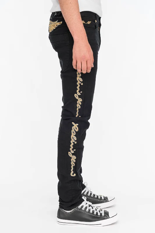 SKINNY MENS JEANS IN PURE BLACK WITH GOLD EMBROIDERY Relaxed Men's Australian 