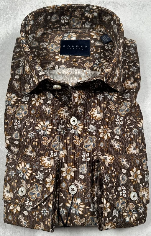 Calder Carmel Luxury Italian Printed Baby Cord Tossed Florals Sport Shirt in Espresso Rugged Men's Outdoor 