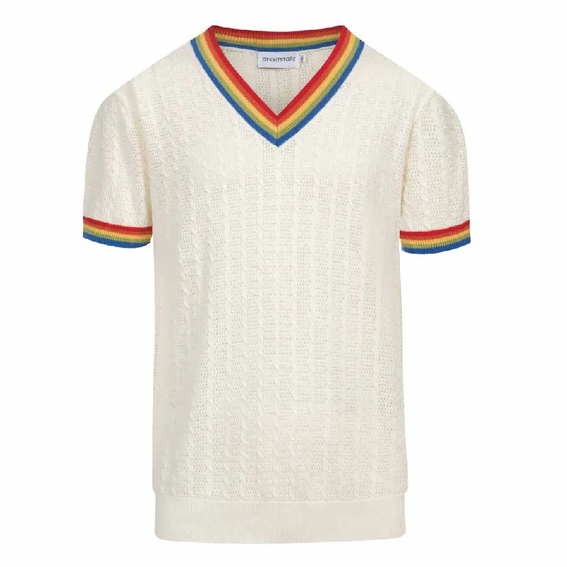 Men's white apricot V-neck knit T-shirt Stylish Men's Tropical 
