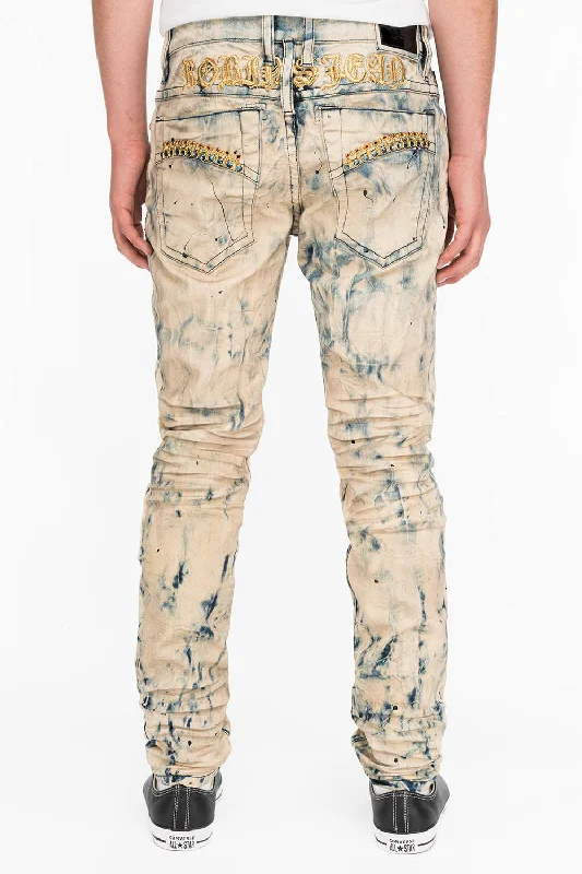 SKINNY MENS JEANS IN FROZEN WASH WITH MONTANA BLUE AND RED CRYSTALS Artistic Men's Avant