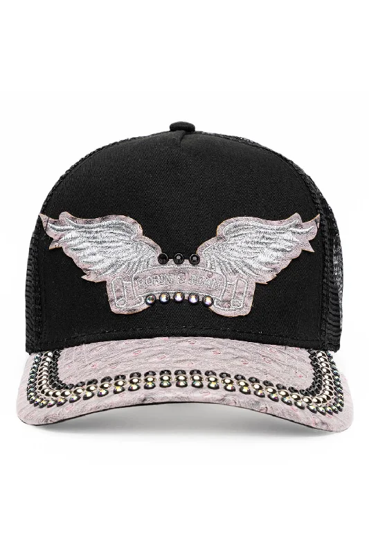 BLK/GREY OSTRICH TRUCKER HAT WITH SILVER EMBELLISHMENT Unique Men's Patch