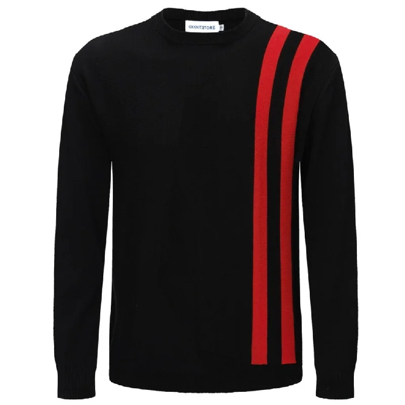 Men's Black Knitted T-Shirt With Double Red Racing Stripe Beach