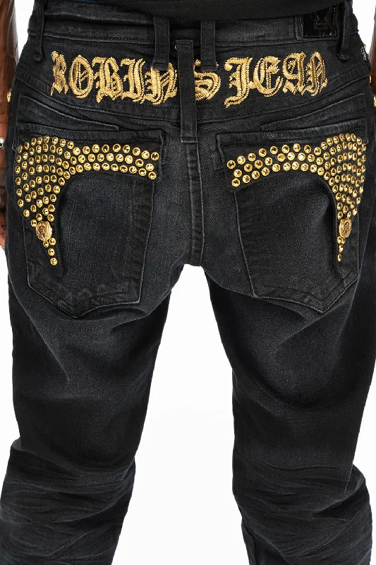 KILLER FLAP SKINNY MENS JEANS IN F_UP BLACK WITH FULL GOLD CRYSTALS Edgy Men's Punk