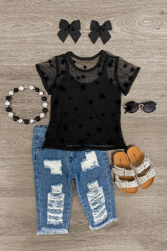 Black Sheer Star Distressed Denim Set Vacation