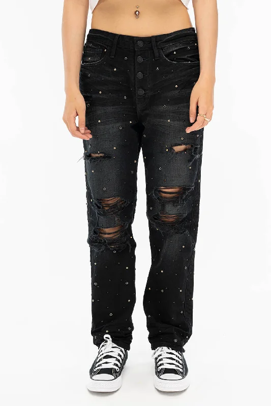 BOYFRIEND JEANS IN F_ED UP BLACK WITH BLACK AND SILVER STUDS Unique Men's Upcycled