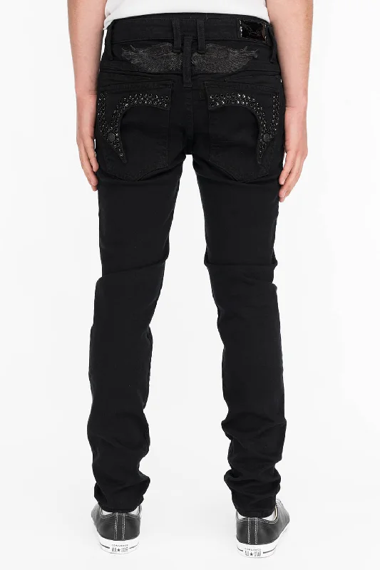 KILLER FLAP MENS SKINNY JEANS IN BLACK ON BLACK WITH CRYSTALS Confident Men's High