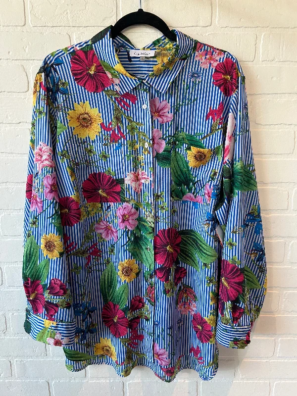Top Long Sleeve By Calvin Klein In Blue & Yellow, Size: 1x Tough Men's Military