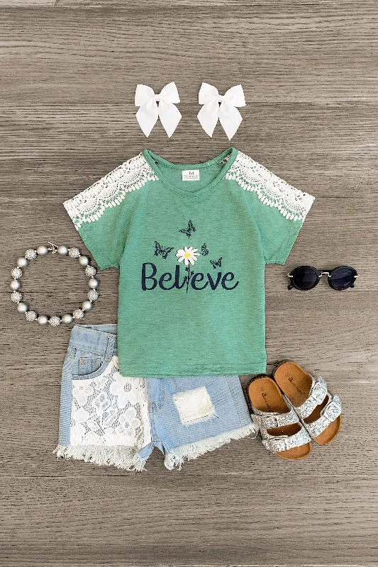 "Believe" Green Denim Short Set Laid