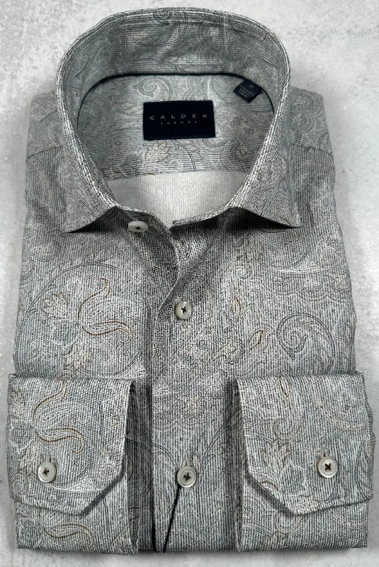 Calder Carmel Luxury Italian Printed Twill Tonal Paisley Sport Shirt in Fog Refined Men's European