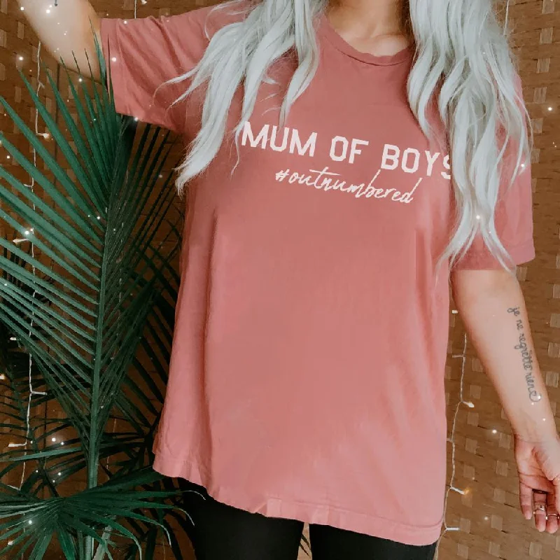 Mum of Boys Hashtag Outnumbered T-Shirt (MRK X) Laid