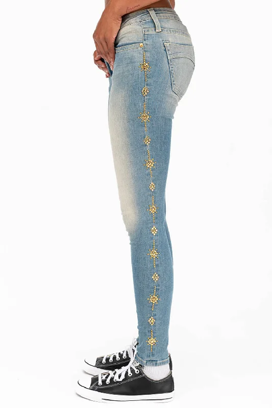 WOMENS SKINNY JEANS IN MAORIE LIGHT WITH CRYSTALS Unique Men's Upcycled