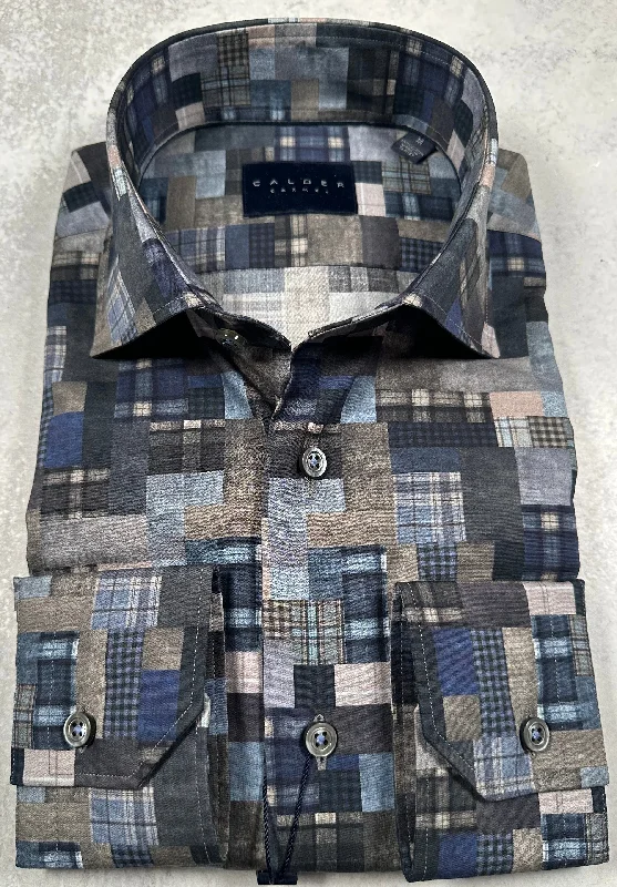 Calder Carmel Luxury Italian Printed Patchwork On Poplin Sport Shirt in Slate Dapper Men's 1920S