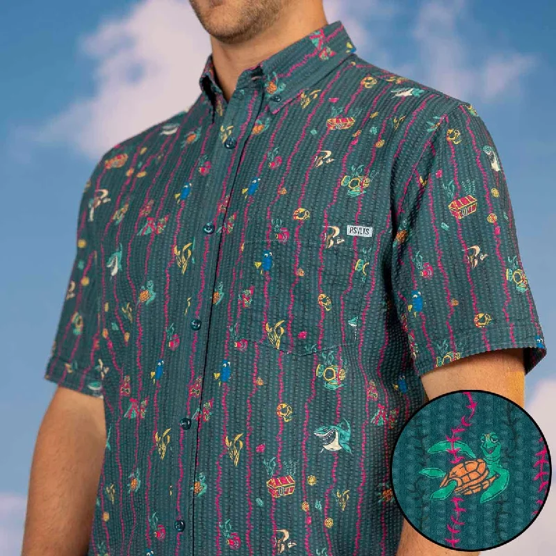 Disney and Pixar Finding Nemo "Shark Bait’s Buds" – Stretch Seersucker Short Sleeve Shirt Traditional Men's Wool