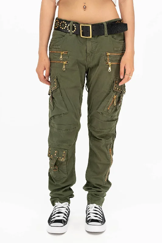 RAPTOR MILITARY STYLE WOMENS CARGO PANTS IN GREEN ARMY WITH STUDS AND CRYSTALS Business