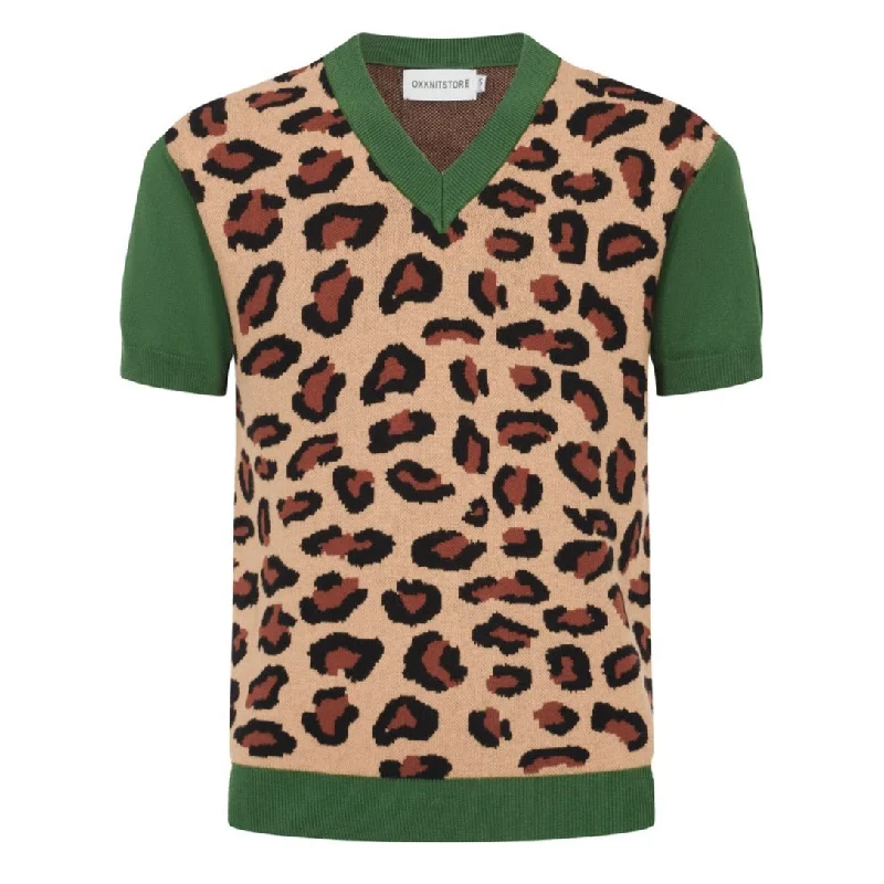 Men's Green & Brown Round Neck Knitted T-Shirt Practical Men's Multi