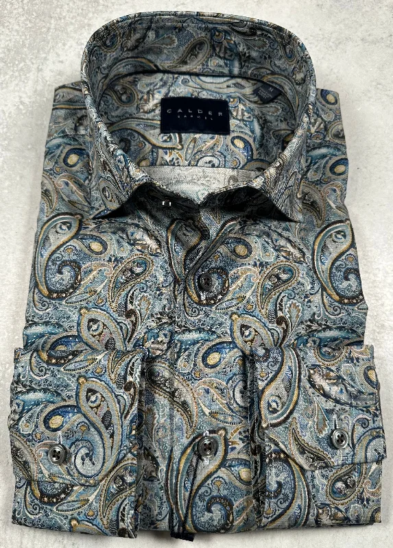 Calder Carmel Luxury Italian Printed Paisley On Twill Melange Sport Shirt in Slate Stylish Men's Neon