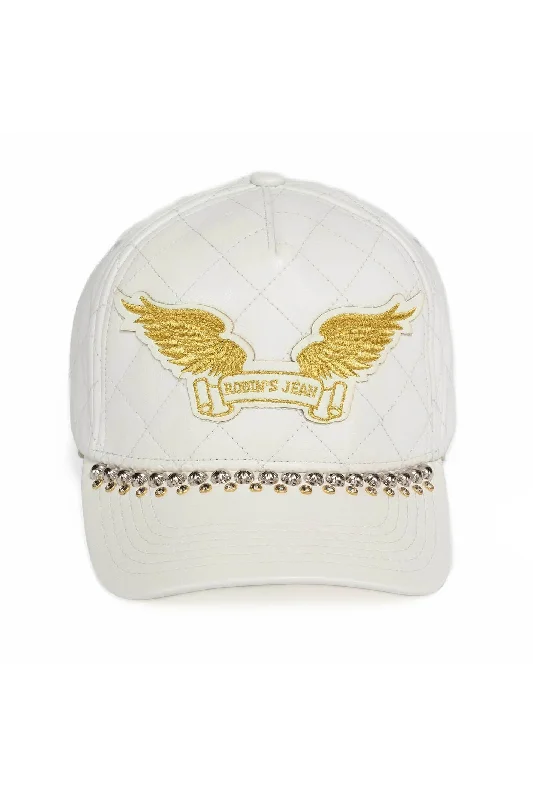 ROBINS LEATHER QUILTED CAP WITH GOLD WINGS STUDS AND CRYSTALS IN WHITE Monochromatic All