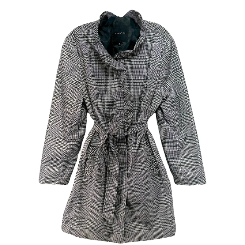 Houndstooth Ruffle Collar Raincoat By Talbots In Black & White, Size: 16 Tailored