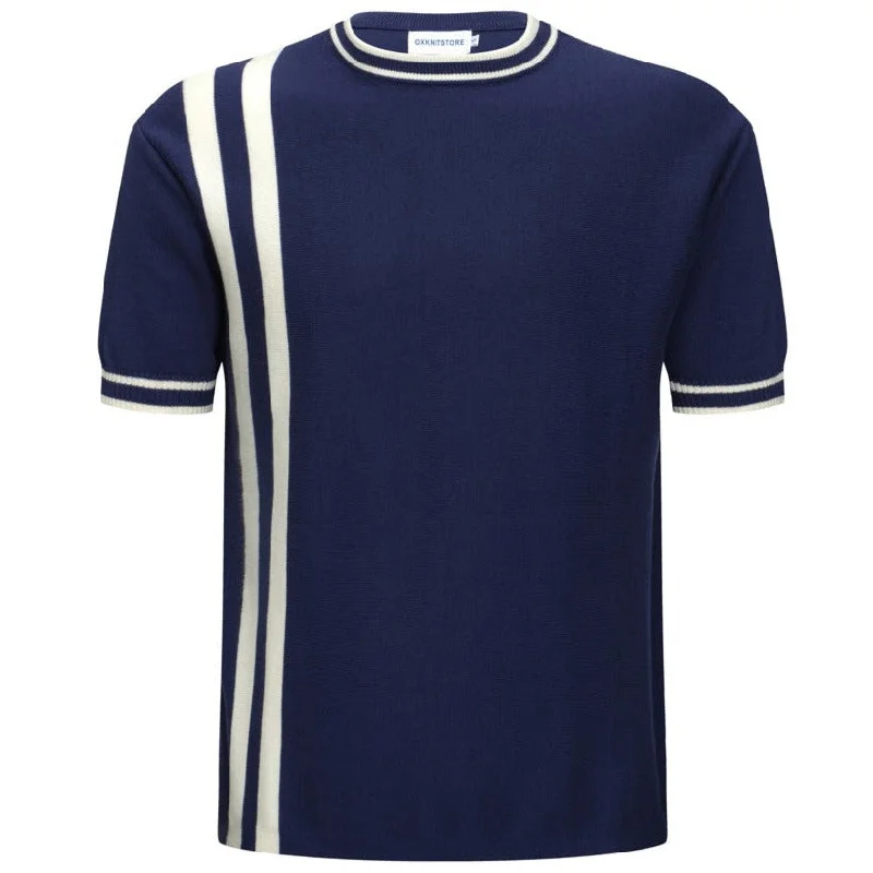 Men's Navy Knitted T-Shirt With Double White Racing Stripe Sophisticated Men's French