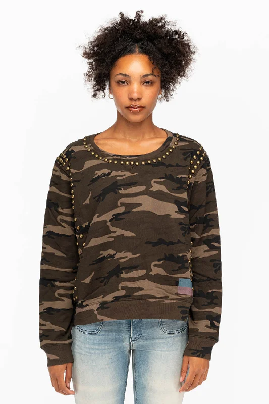 WOMENS STUDDED PULLOVER SWEATSHIRT IN CAMO GREEN Monochromatic Office Style