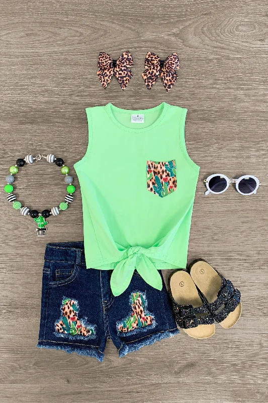 Green Cactus & Hearts Tie Short Set Laid