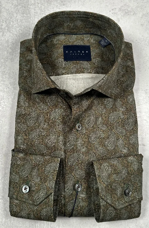 Calder Carmel Luxury Italian Printed Tonal Tossed Paisley Sport Shirt in Cocoa Cclassic Men's Tweed