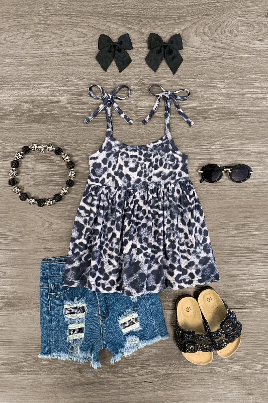 Cheetah Tie Shoulder Denim Short Set Adventure