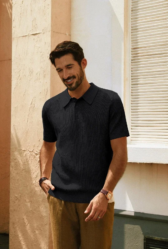 Men Textured Knitted Polo-Shirt Short Sleeve Lapel Collar Knitwear Tops Edgy Men's Punk
