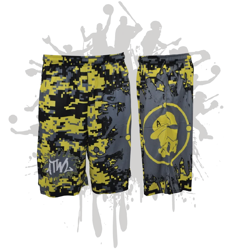 Splatter Splash Digital Camo Mens Full Dye Shorts Yellow/Black/Charcoal Casual Men's Short
