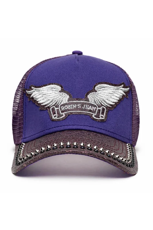 PURPLE/WINE OSTRICH TRUCKER HAT WITH SILVER SPIKE/PURPLE CRYSTAL EMBELLISHMENT Sporty Men's Tennis