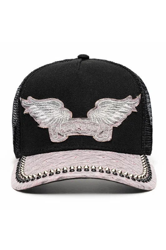 BLK/GREY OSTRICH TRUCKER HAT WITH SILVER SPIKE/BLK CRYSTAL EMBELLISHMENT Cozy Men's Sherpa