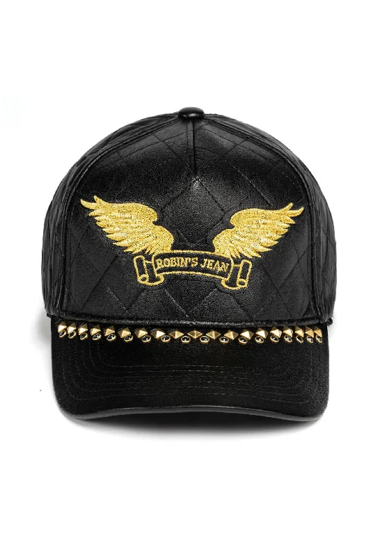 ROBINS LEATHER QUILTED CAP WITH GOLD WINGS STUDS AND CRYSTALS IN BLACK Cozy Men's Winter