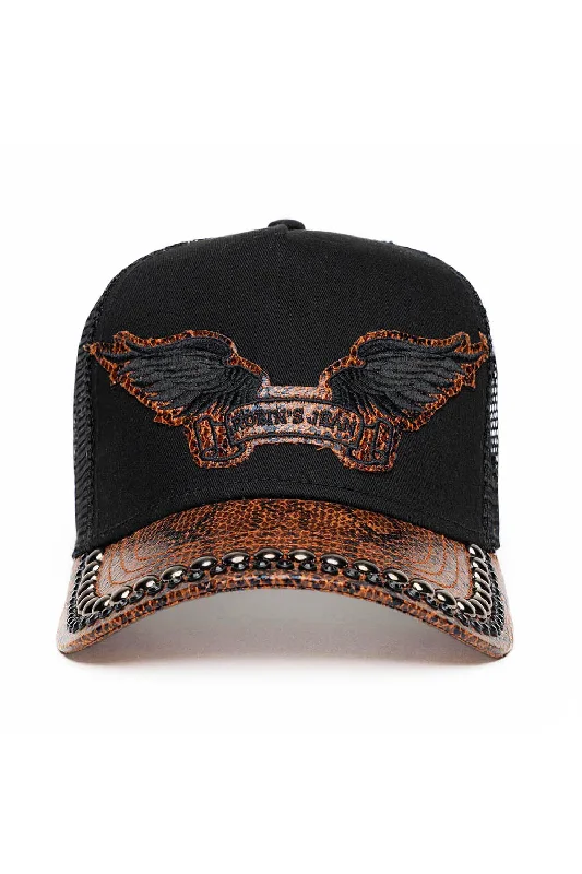 BLK/BROWN PYTHON TRUCKER HAT WITH JET BLK CRYSTAL/GUNMETAL NAILHEADS EMBELLISHMENT Athletic Men's Compression