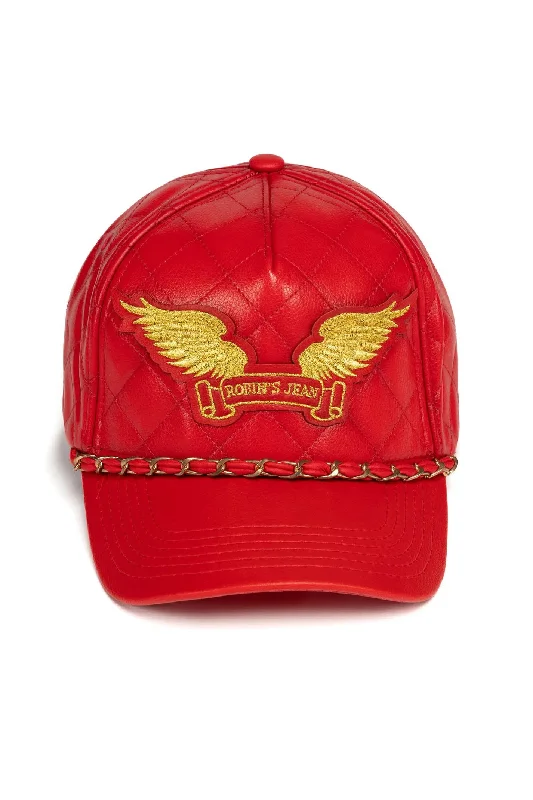 ROBINS LEATHER QUILTED CAP WITH GOLD WINGS STUDS AND COPPER CHAIN IN RED Earthy Men's Sustainable 