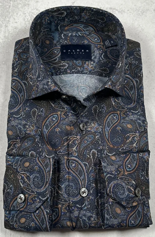 Calder Carmel Luxury Italian Printed Paisley On Twill Melange Sport Shirt in Madder Casual Men's Short