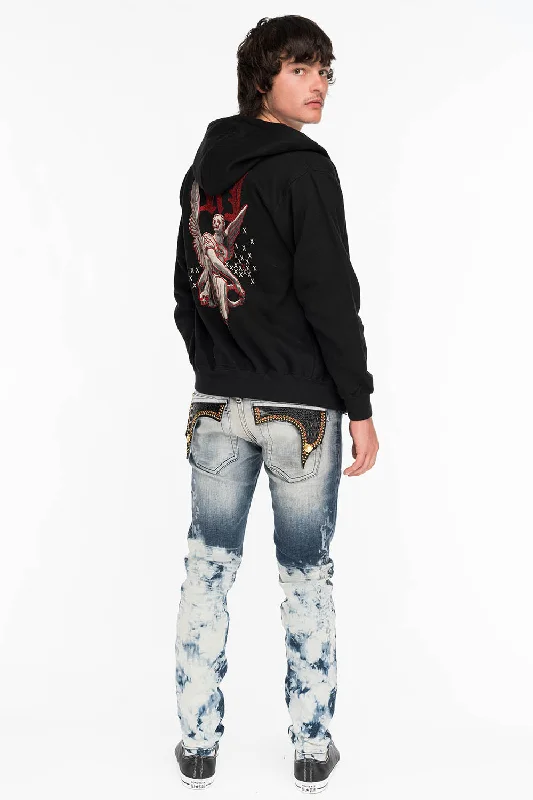 KILLER FLAP MENS SKINNY JEANS IN CLOUD JAPAN WITH CROCODILE FLAPS AND RED CRYSTALS Earthy Men's Hemp