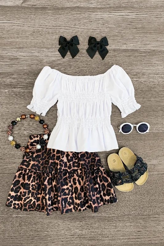 White Cinch Top & Leopard Skirt Set Rugged Men's Outdoor 