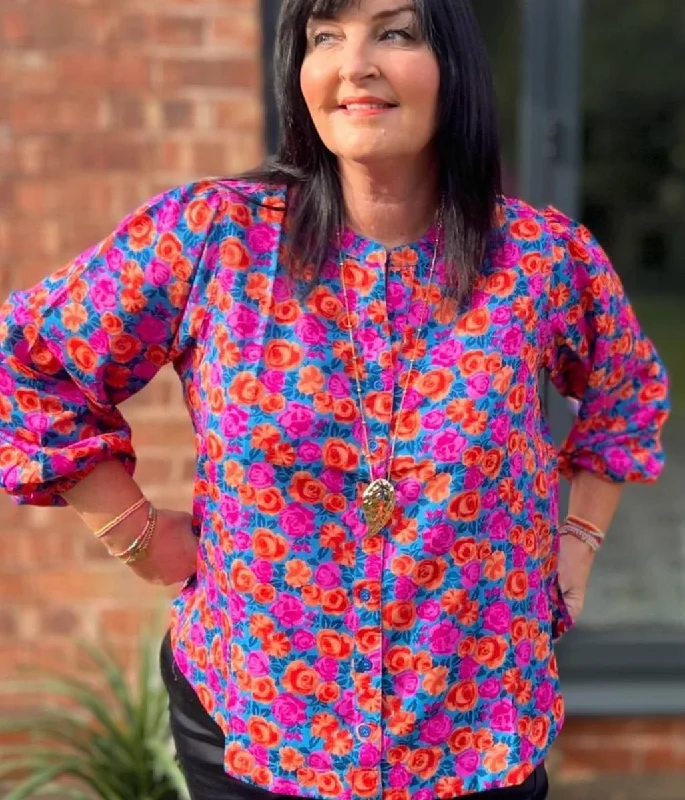 Vibrant Rose Print Notch Neck Blouse Stylish Men's Tropical 