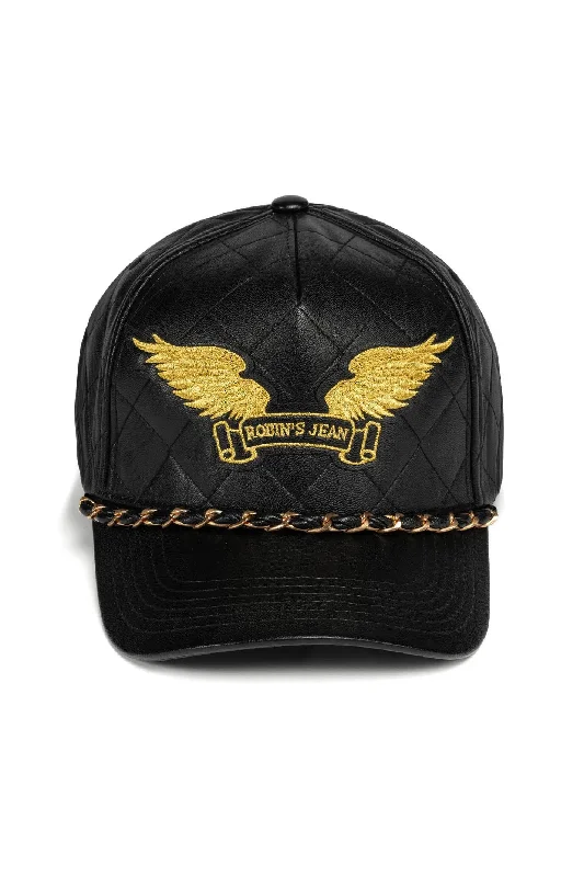 ROBINS LEATHER QUILTED CAP WITH GOLD WINGS STUDS AND COPPER CHAIN IN BLACK Dynamic Men's High