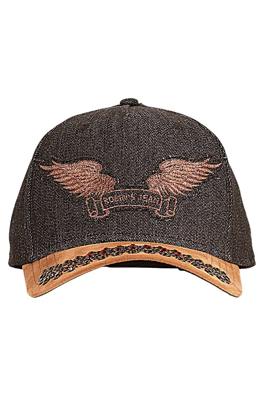 DENIM SUEDE CAP WITH RED & SMOKY TOPAZ CRYSTALS Edgy Men's Punk