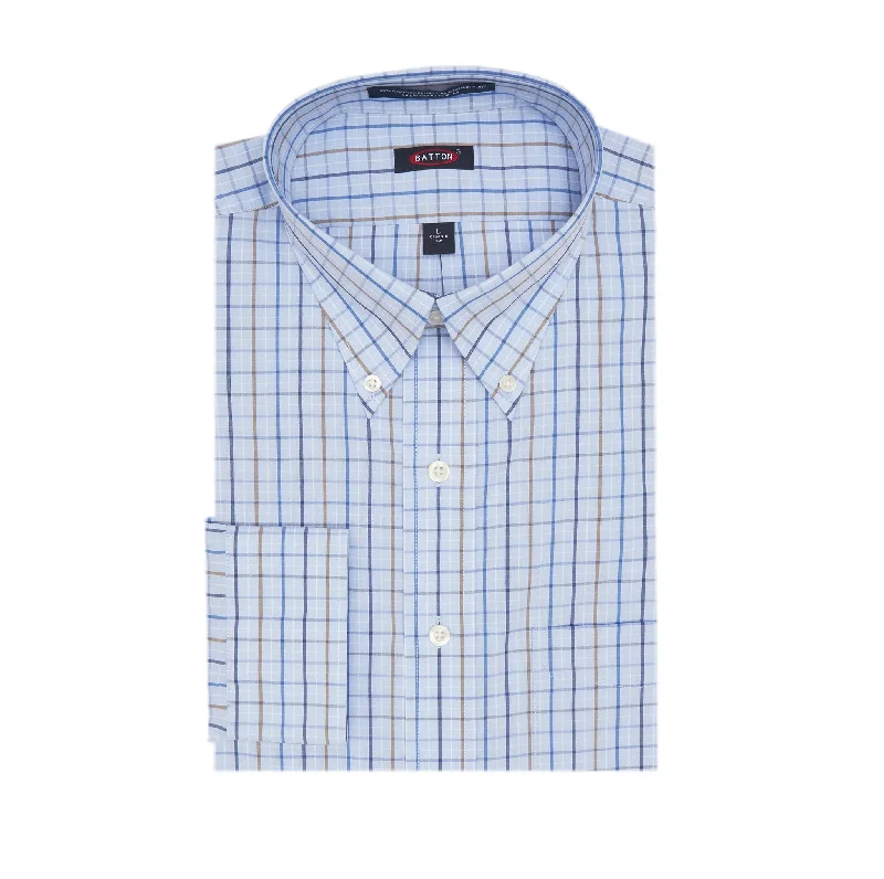 'Cole' Sky, Navy, and Tan Plaid Long Sleeve Beyond Non-Iron® Cotton Sport Shirt (Tailored Fit) by Batton Athletic Men's High