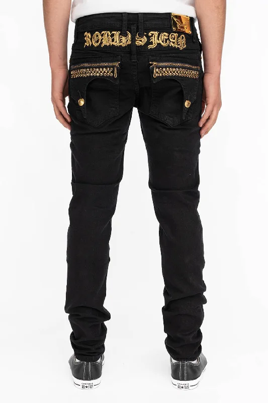 ZIPPER KILLER FLAP MENS SLIM JEANS IN BLACK WITH GOLD CRYSTALS Hip Men's Urban